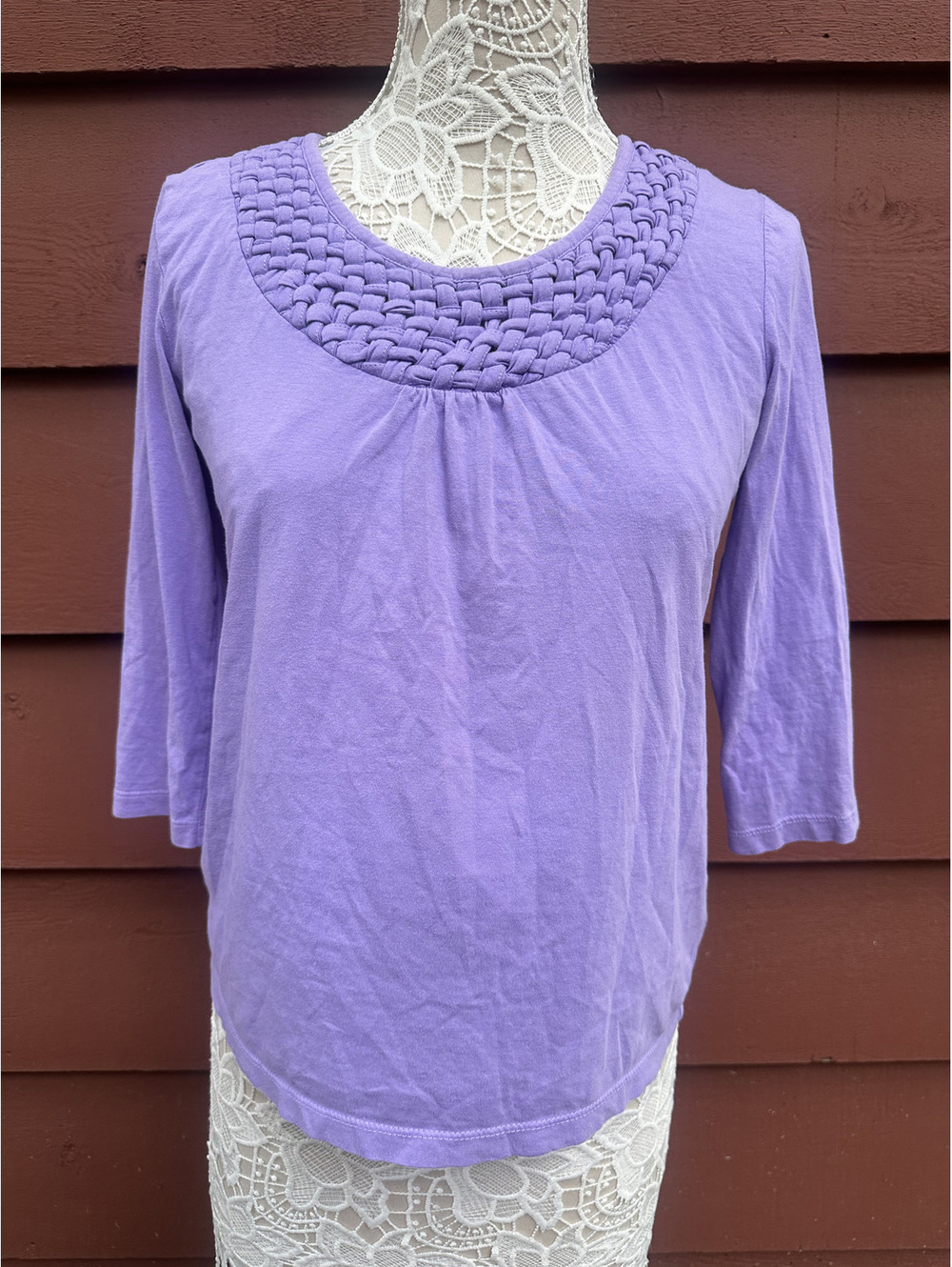 JM Collection Petite Lavender Cotton Top with Woven Neckline Feminine